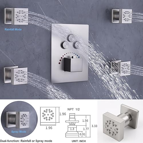 Miniatura 4 de Sistema de ducha Body Jet WHSHOWER con válvula termostática, grifo de lluvia combinado con doble función, 4 chorros corporales, cabezal de ducha LED