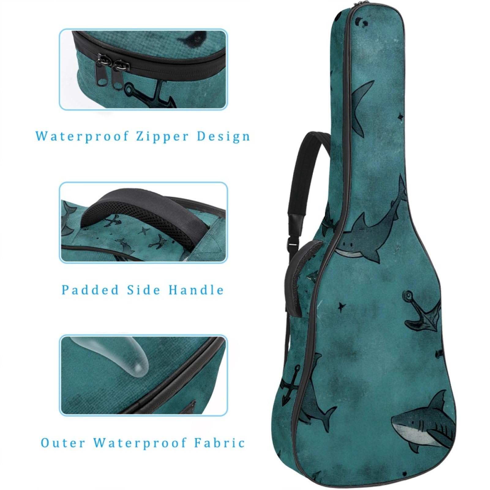 43 Zoll Akustikgitarre Softcase mit Rucksackgurt und 2 Taschen Retro Haie Muster Keine Polsterung Rucksack Wasserdicht Oxford Tuch Bassgitarre Gigbag für Konzertgitarre, mehrfarbig,