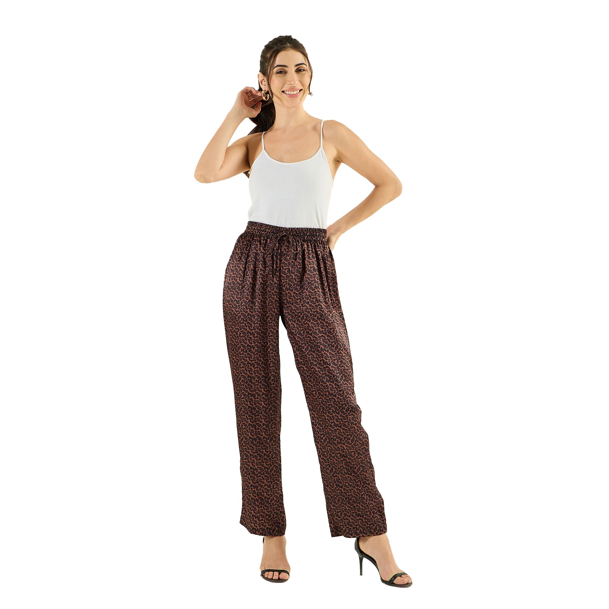 Brown Animal Print Pants in Polyester Satin for Women by Ramola Bachchan-image-0