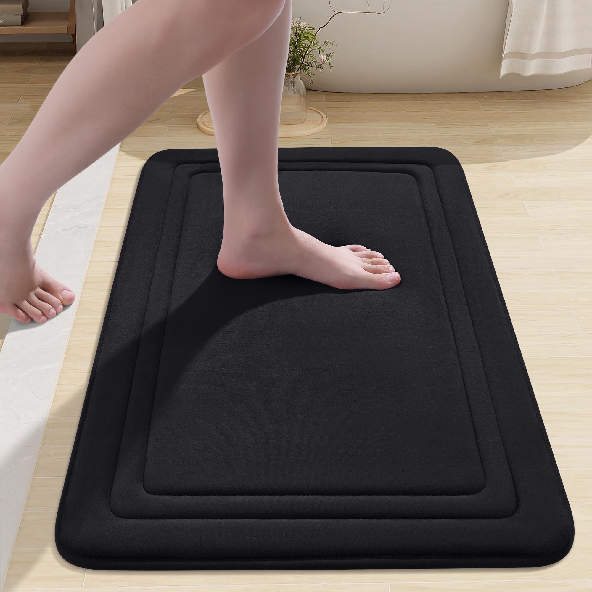 smiry Memory Foam Bath Mat - 40 x 60cm, Non-Slip, Super Absorbent, Comfortable - Machine-Washable Floor Rug, Black