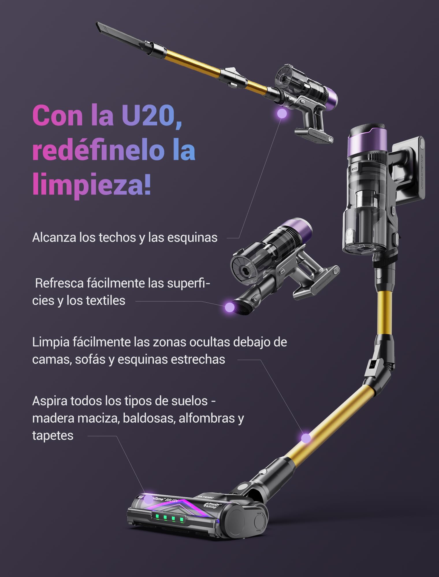 Ultenic U20 Aspiradora sin Cable 55Kpa/55Min, Cepillo Anti-Enredo Mejorado, Aspirador Escoba con Brazo Flexible, Limpieza Ultraprofunda Bajo Muebles sin Agacharse, para Alfombra/Pelo de Mascotas — view 11