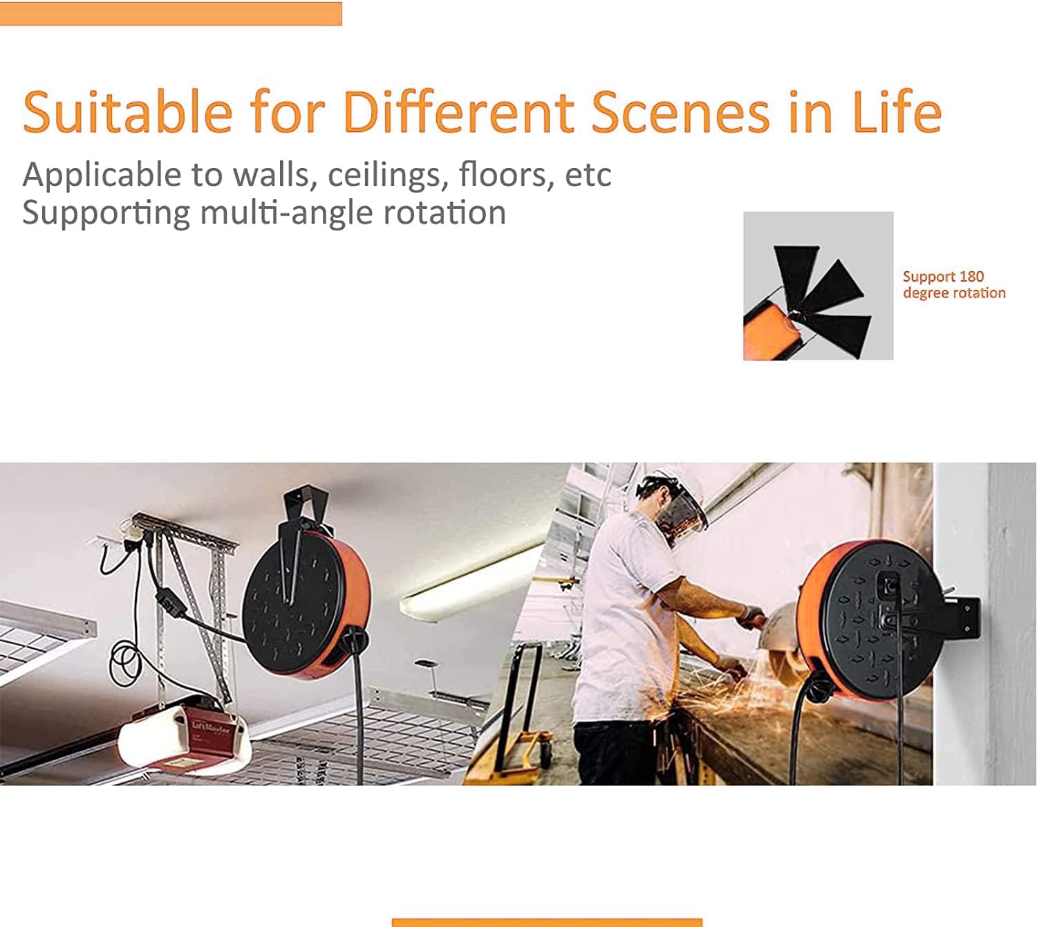 30 Ft Retractable Extension Cord Reel, 16/3 SJTW Power Cord with 3 Electrical Outlets and 10 Amp Circuit Breaker, Ceiling or Wall Mount, Metal Plate, UL Listed, Orange