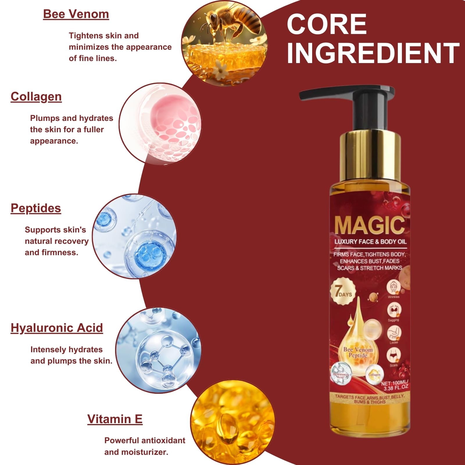 Bee Venom Glow Remedy Oil Skin Tightening, Magic Firming Body Oil with Vitamin E - Image 3