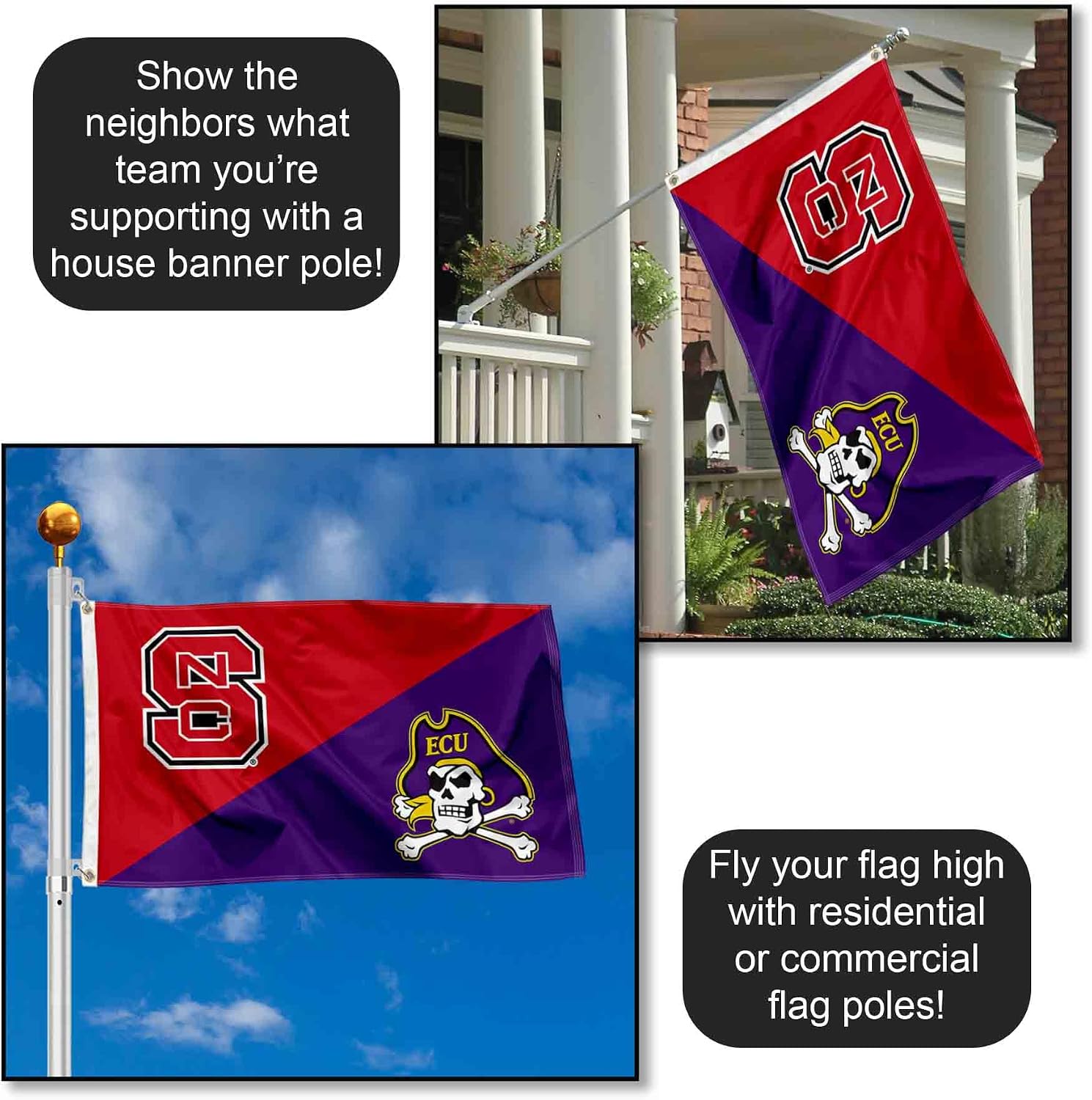 College Flags & Banners Co. NC State vs ECU Pirates House Divided 3x5 Flag Rivalry Banner