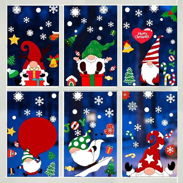 DIYASY 150pcs Christmas Gnome Window Clings Stickers, Santa Claus Window Stickers Decoration for Xmas Window Display and Decoration(6 Sheet)