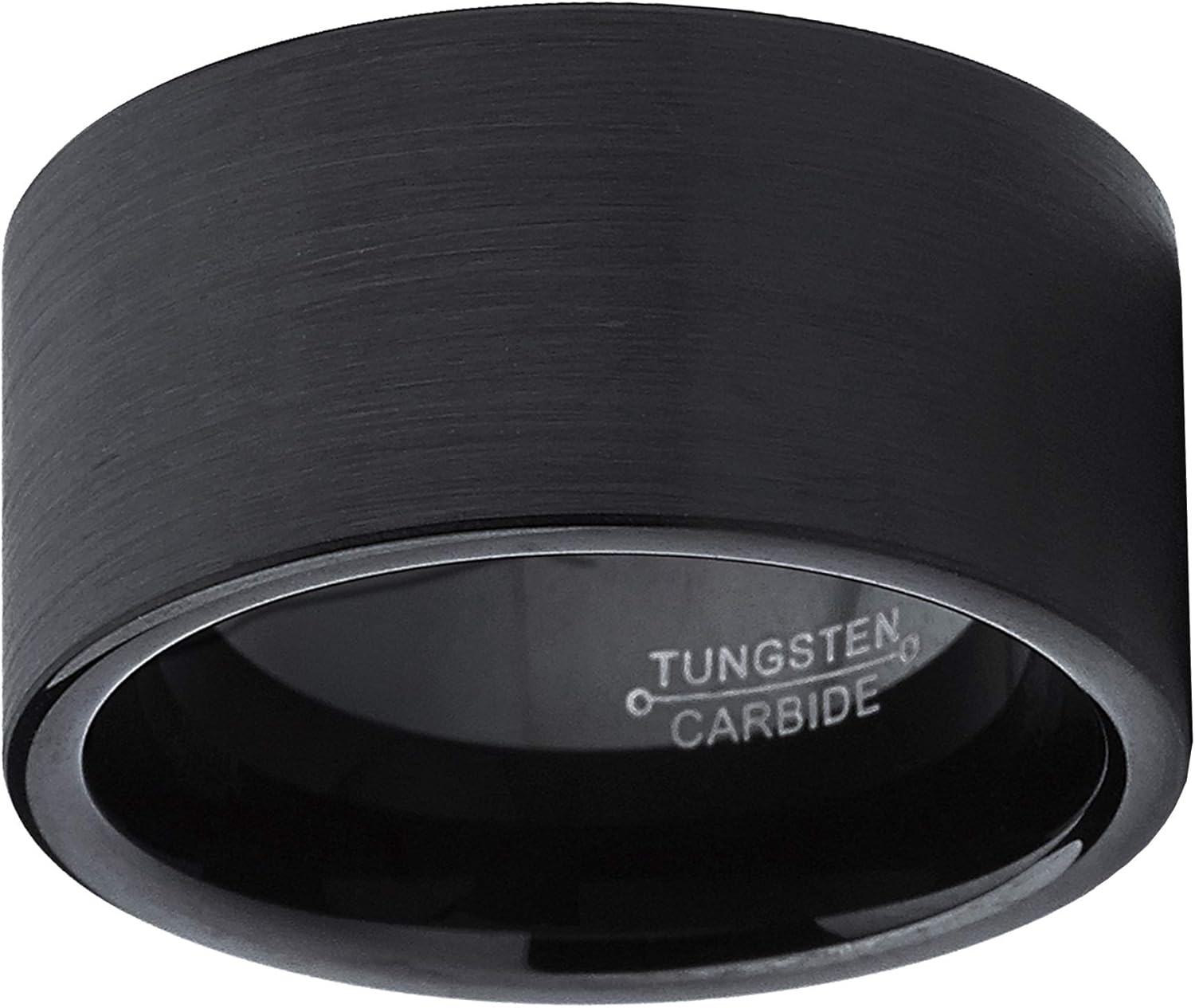Tungsten Carbide Men's Flat Top Black Brushed Ring Band, 12 mm Comfort Fit Sizes 8 to 15