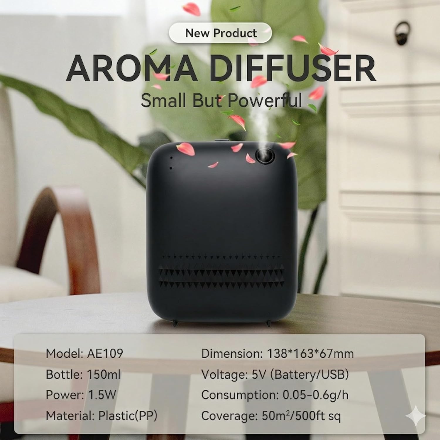 Waterless Essential Oil Diffuser, Smart Cold Air Scent Machine 500 Sq.ft for Home & Hotel, Wall Mounted, USB/Battery Operated, 150ml Nebulizing Aromatherapy Diffuser for Large Room, Black