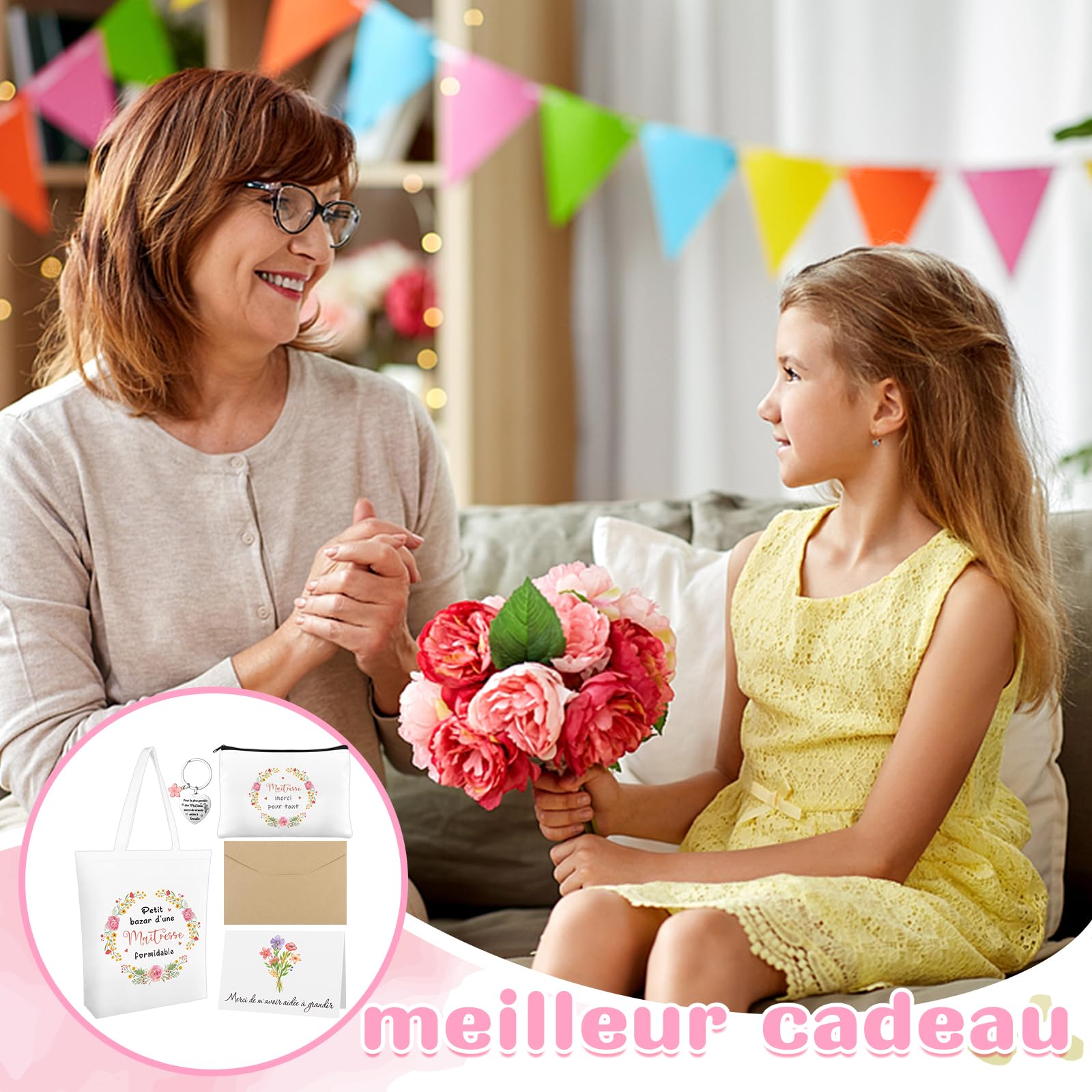 Sac en Coton Trousse de Toilette Porte-clés Carte de Vœux Set 4 Pièces Cadeau pour Maitresse Institutrice ATSEM AESH Fin d'Année