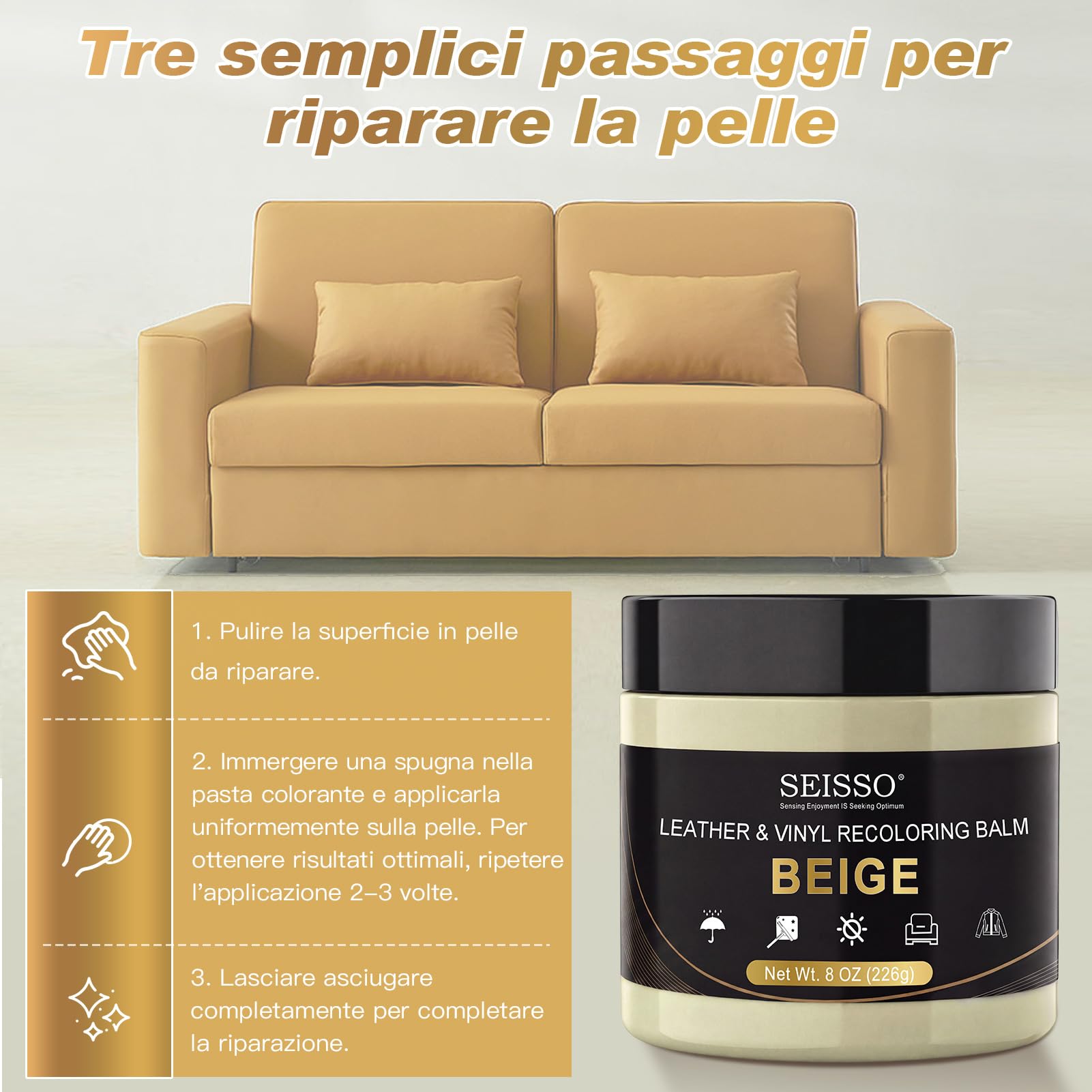 SEISSO Kit Riparazione Pelle Auto, Ripara Pelle Divano, Stucco per Pelle, Riparare i Sedili delle Auto, i Divani, i Cappotti, Le Scarpe, Le Crepe e i Graffi sulla Pelle, Colori: Beige