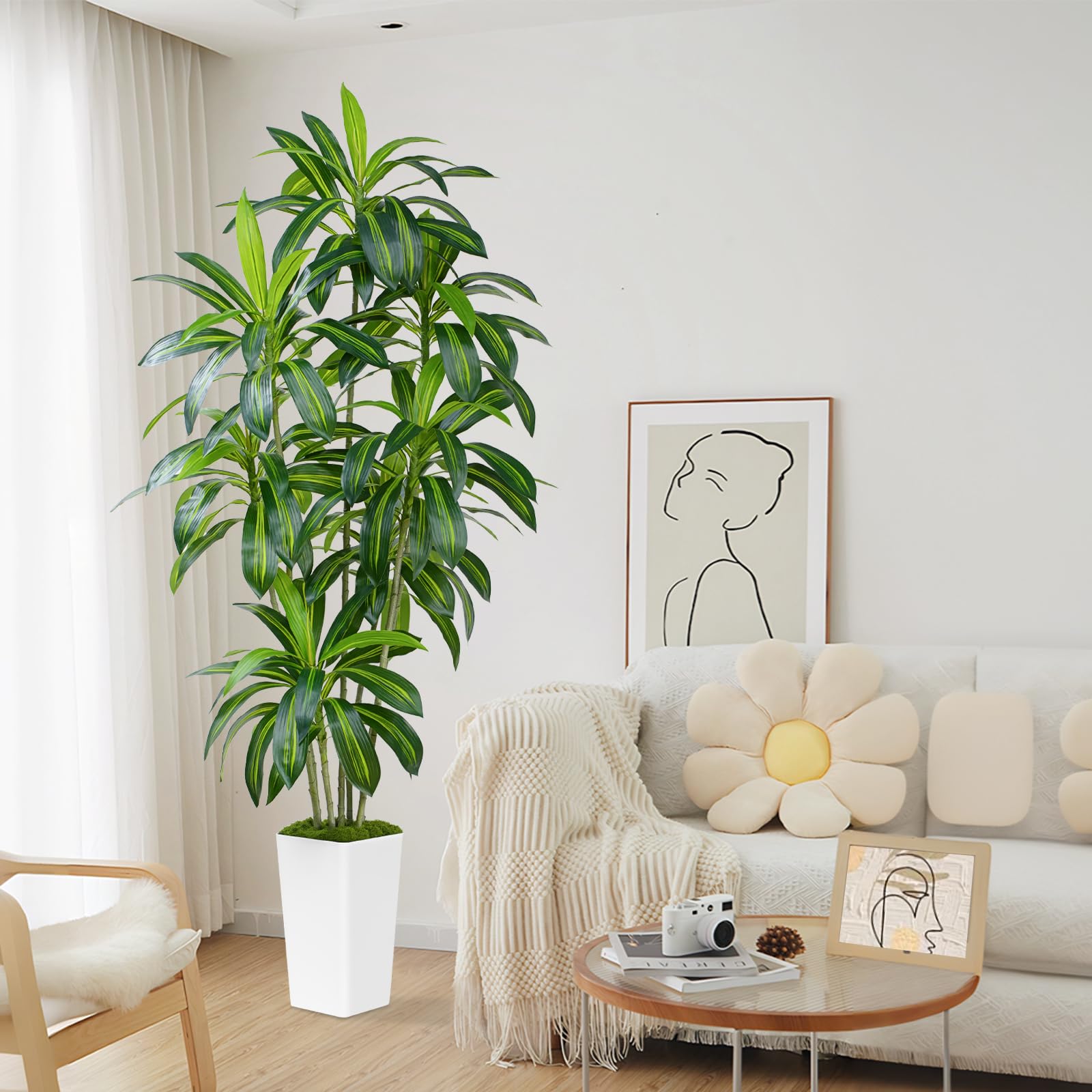 Plante Artificielle Dracaena 210cm Fausse Plante Interieur avec Grand Planteur Blanc pour Plantes Artificielles Interieur Exterieur Plante Artificiel pour Decoration Maison Bureau Jardin Deco