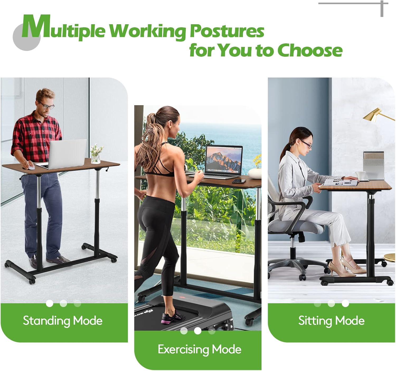 COSTWAY Mobile Height Adjustable Standing Desk, Compact Pneumatic Sit to Stand Computer Desk w/Lockable Casters, Ergonomic Rolling Laptop Table w/Steel Frame for Home Office (Espresso)