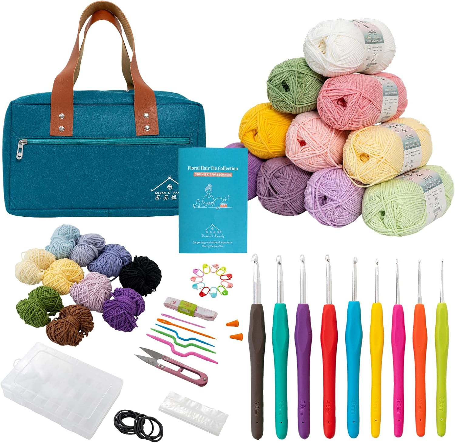 Susan's Family Crochet Kit for Beginners, Crochet Hair Tie Scrunchie DIY Kit Includes 60% Cotton Yarn Crochet Hooks Instruction, Beginner Crochet Kit Supplies Gift (Floral Hair Tie Kit for Beginners)