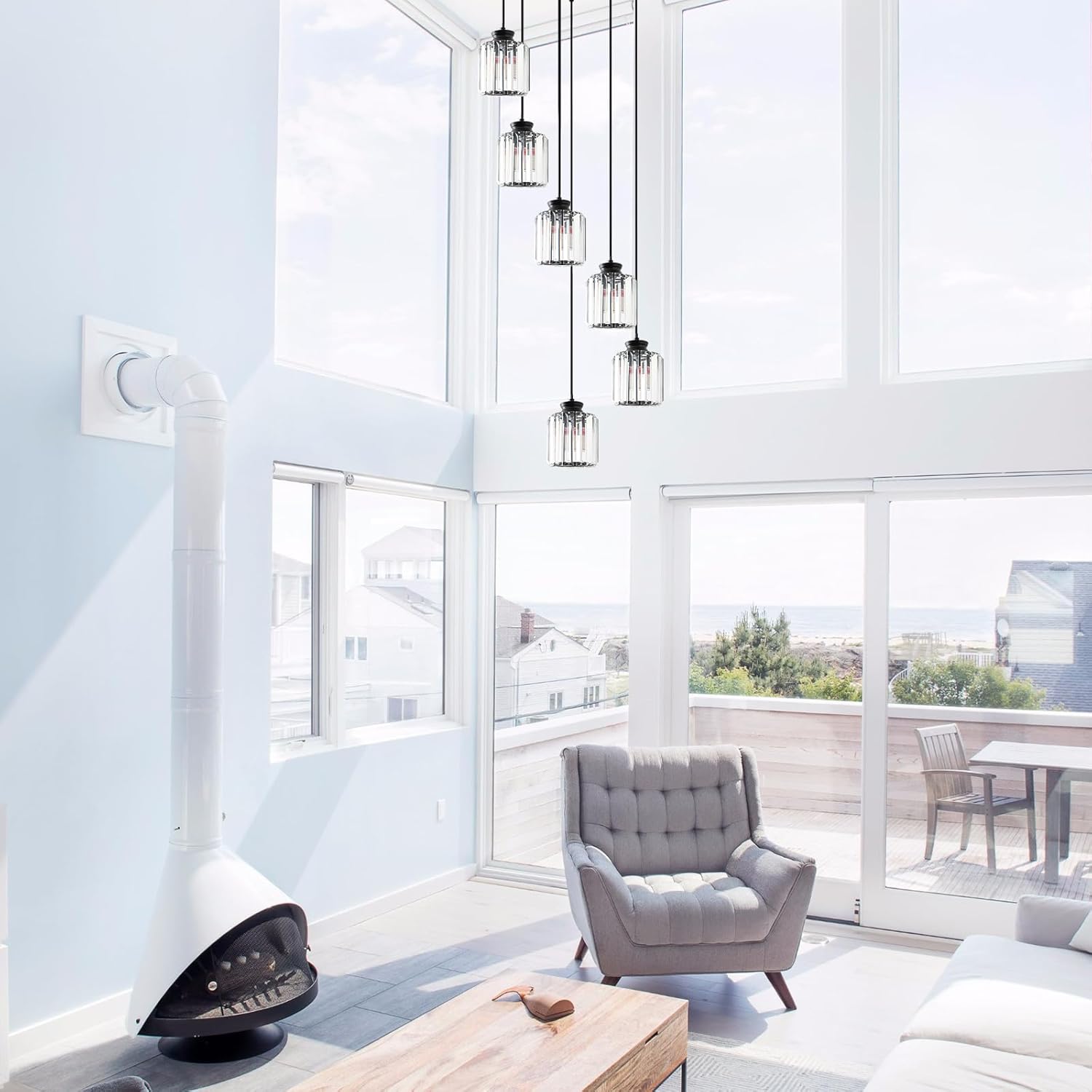 6-Light Modern Crystal Chandelier Large Raindrop Foyer Chandelier High Ceiling Light Fixture for Staircase,Entryway,LED Bulbs Included,Black,H110