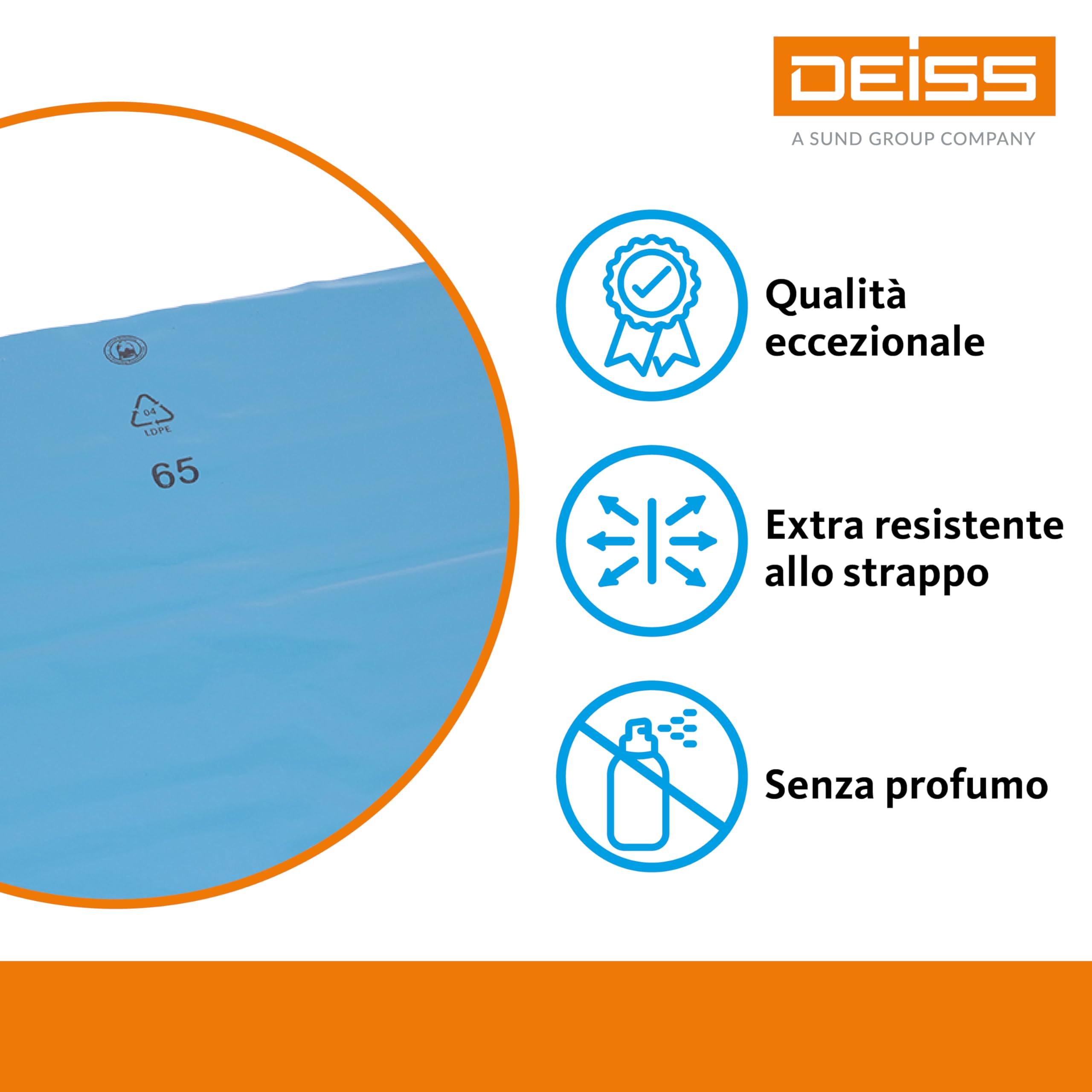 DEISS Sacchi Rifiuti 240 L Blu – 1000×1250 mm LDPE Riciclato 60 µm – Confezione da 100 Pezzi