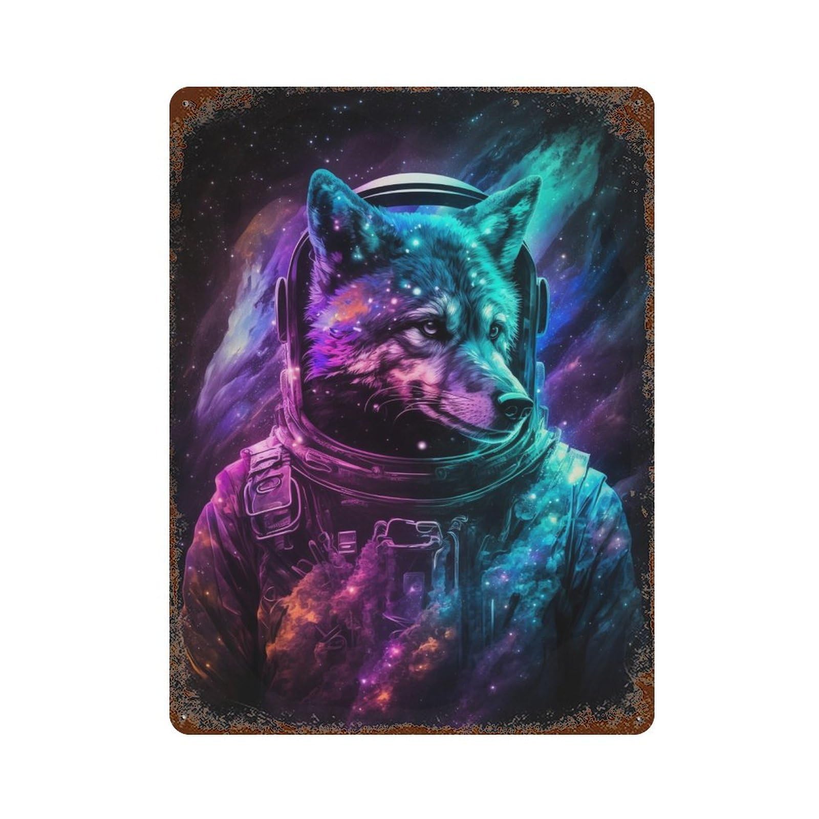 Garage Style Cosmic Wolf Astronaut Art Print-4 Distressed Metal Wall Sign 15.7"x11.8", Rustic Home Decor for Bar And Workshop