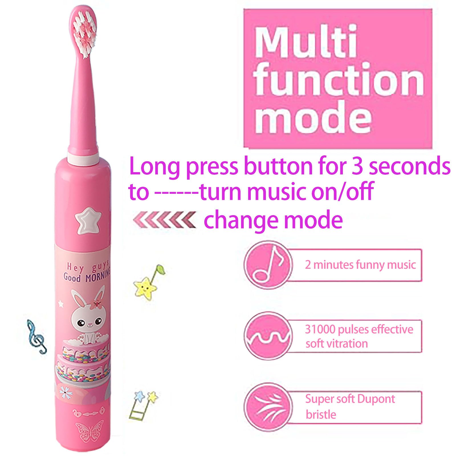 OJV 8620 Sonic Cartoon Musical Kids Spazzolino da denti elettrico per bambini, 3 modalità con memoria, timer da 2 minuti, ADA accettato, 4 testine 31000 colpi ricaricabile spazzolino per ragazze 3+