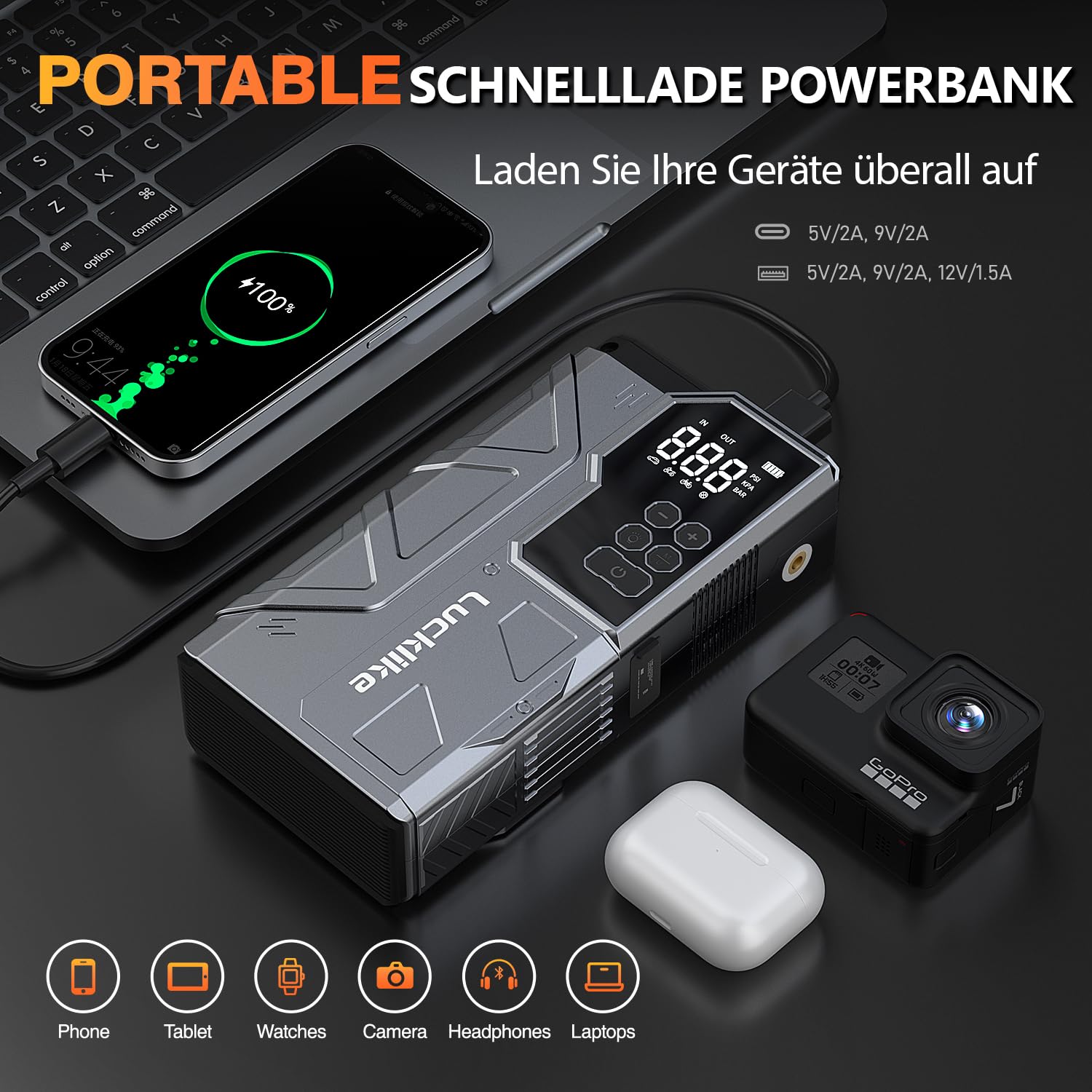 LUCKLIKE W210 Starthilfe Powerbank, 12V Jump Starter mit Luftkompressor | 7000A Tragbarer Booster Starthilfegerät für All Benzin/12.0L Diesel, 150PSI Luftpumpe, mit LED Taschenlampe Starterkabel