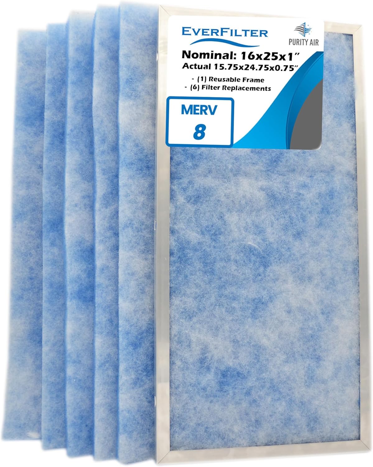16x25x1 Air Filter MERV 8 (6-Pack) Filter Media Replacement, HVAC AC Furnace Air Filters, Aluminum Reusable Filter Frame (Actual Size: 15.75 x 24.75 x 0.75 Inches)