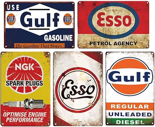 Letreros de estaño retro vintage para automóvil, motocicleta, gasolina, garaje, decoración de pared del hogar, placas de metal, 5 unidades de 7.9 x