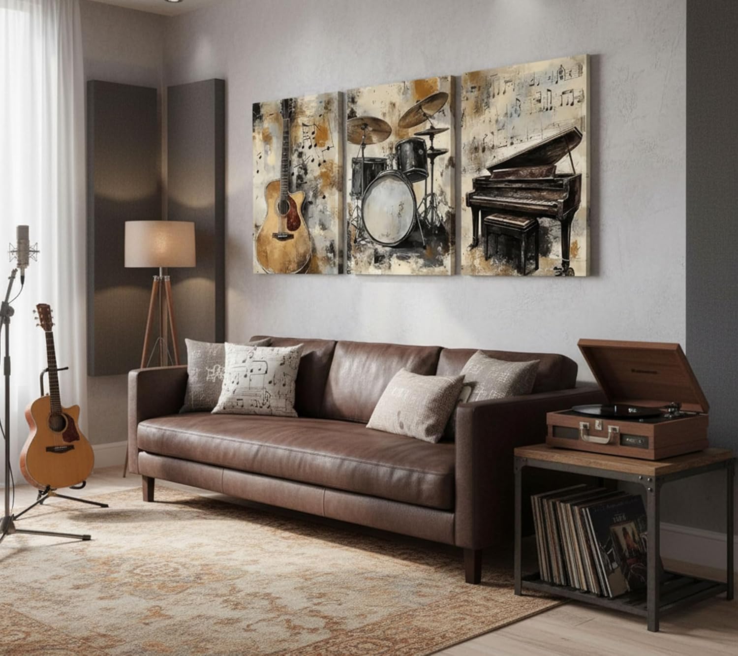3pcs Vintage Musical Instruments Wall Art Piano Guitar Drums Jazz Posters Artwork Musical Theme Painting Pictures Wall Decor for Studio Gallery Home Decoration 12x16in Framed
