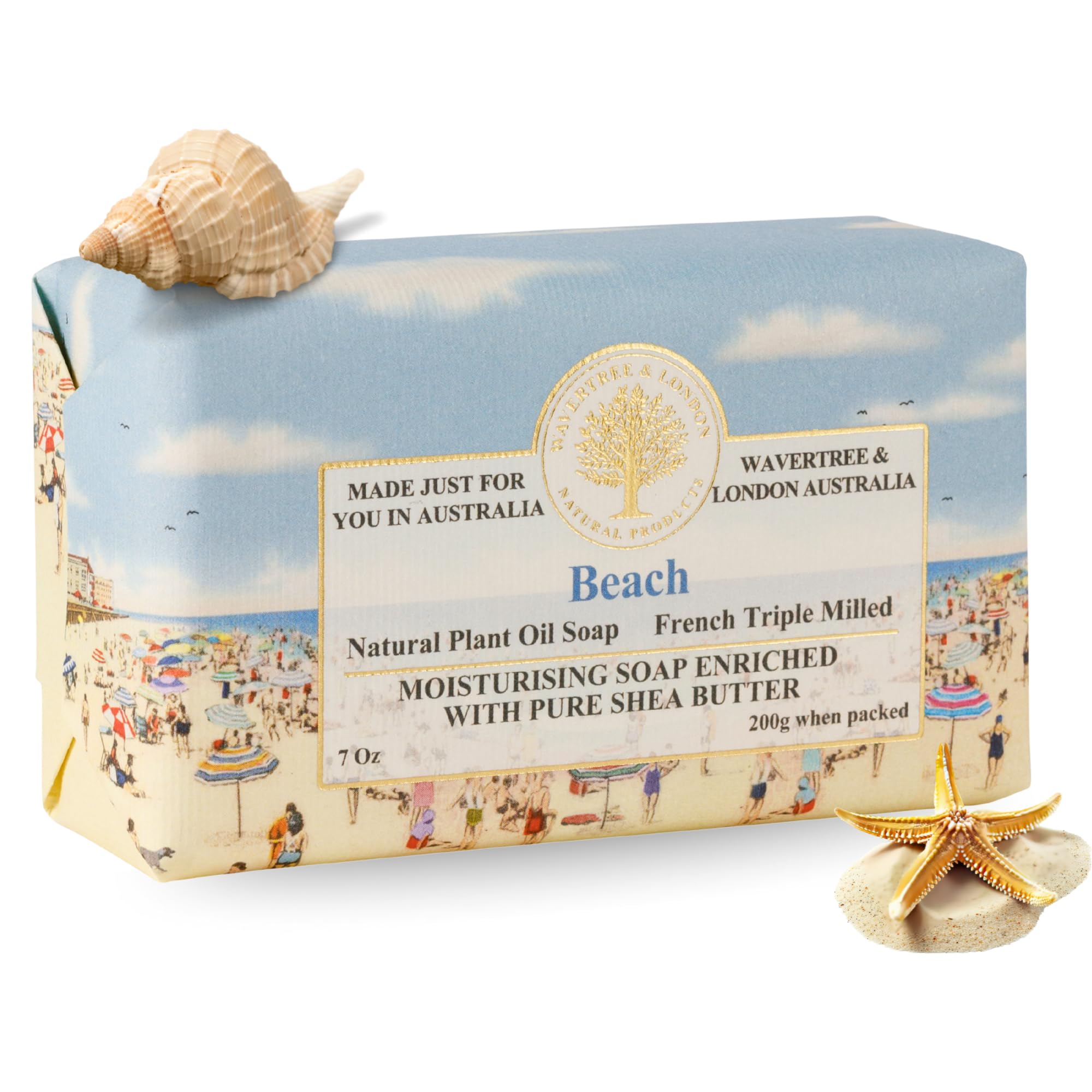 Beach Scented Natural Soap Bar, 7oz Moisturizing French Triple Milled Soap Bar for Women & Men Enriched with Organic Shea Butter, Pure Bath & Body soap bar (1 Bar)