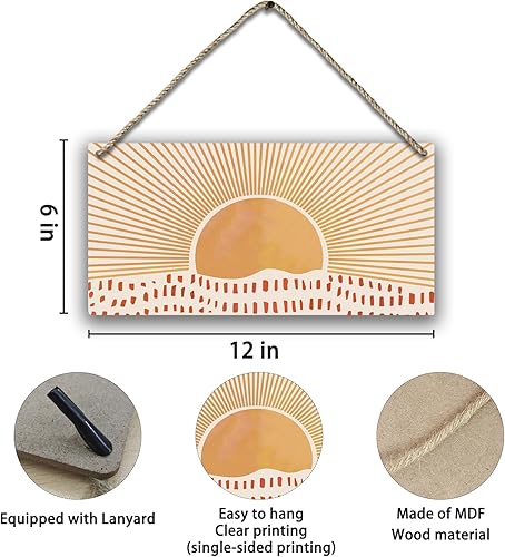 Miniatura 6 de Letrero abstracto de madera con estampado de sol y rayos de sol, estilo bohemio, para colgar en la pared, moderno de mediados de siglo, bohemio para