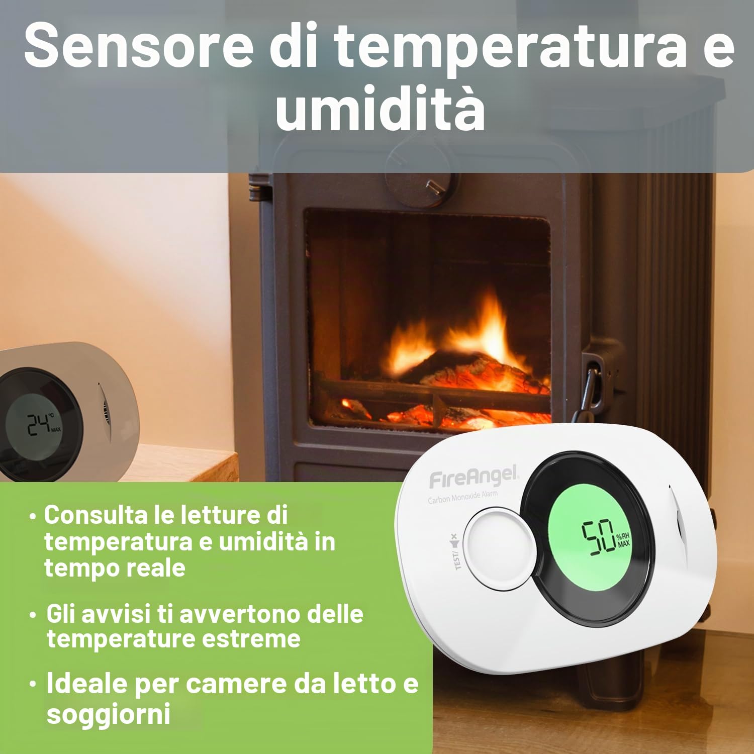 FireAngel FA3322, Rilevatore di Monossido di Carbonio Digitale, Monitor Rilevatore di CO, Sensore di umidità e temperatura Portatile con Batteria 10 Anni, NF certificato
