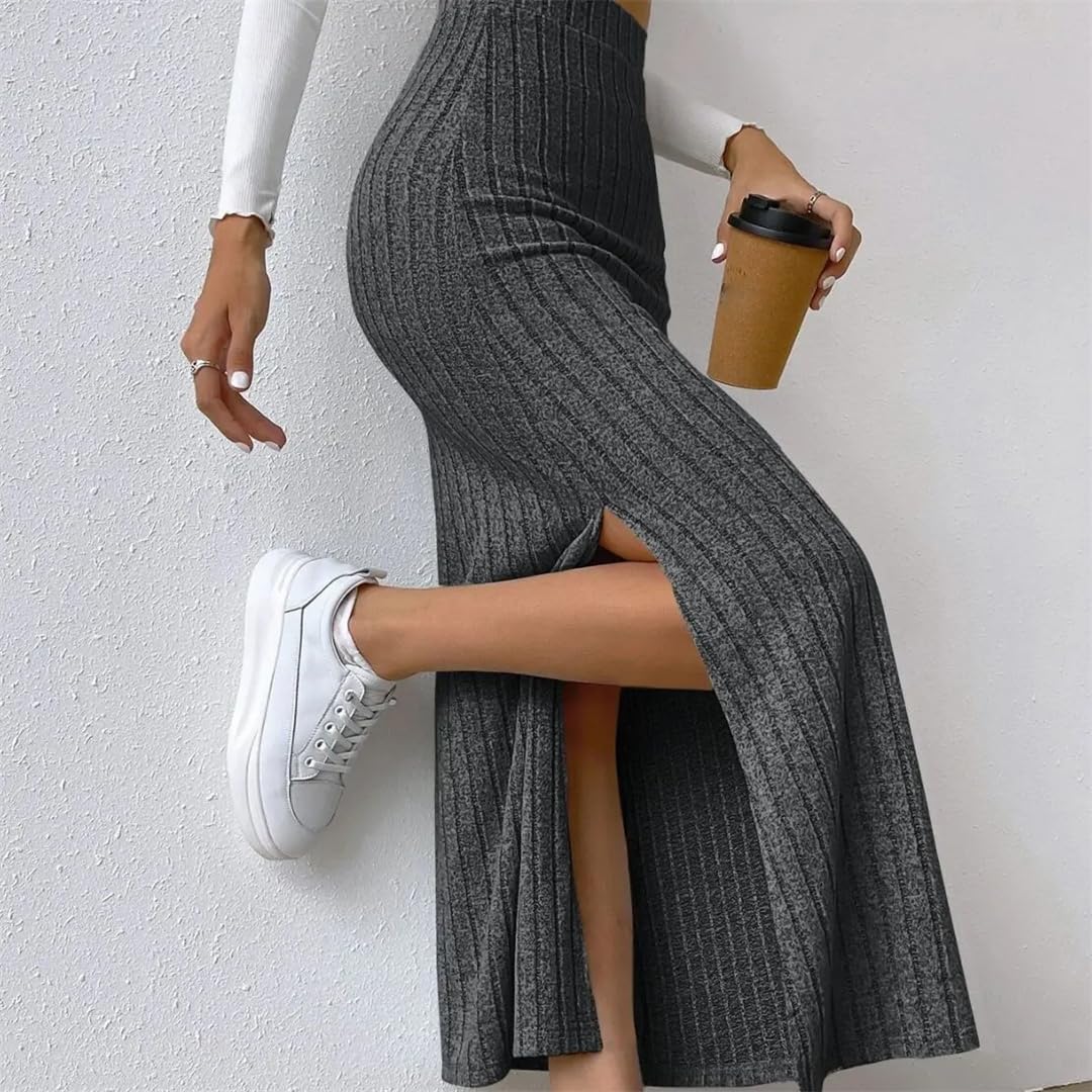 Gonna da donna lavorata a maglia con spacco, copertura sui fianchi, a vita alta, sottile, gonna lunga da donna