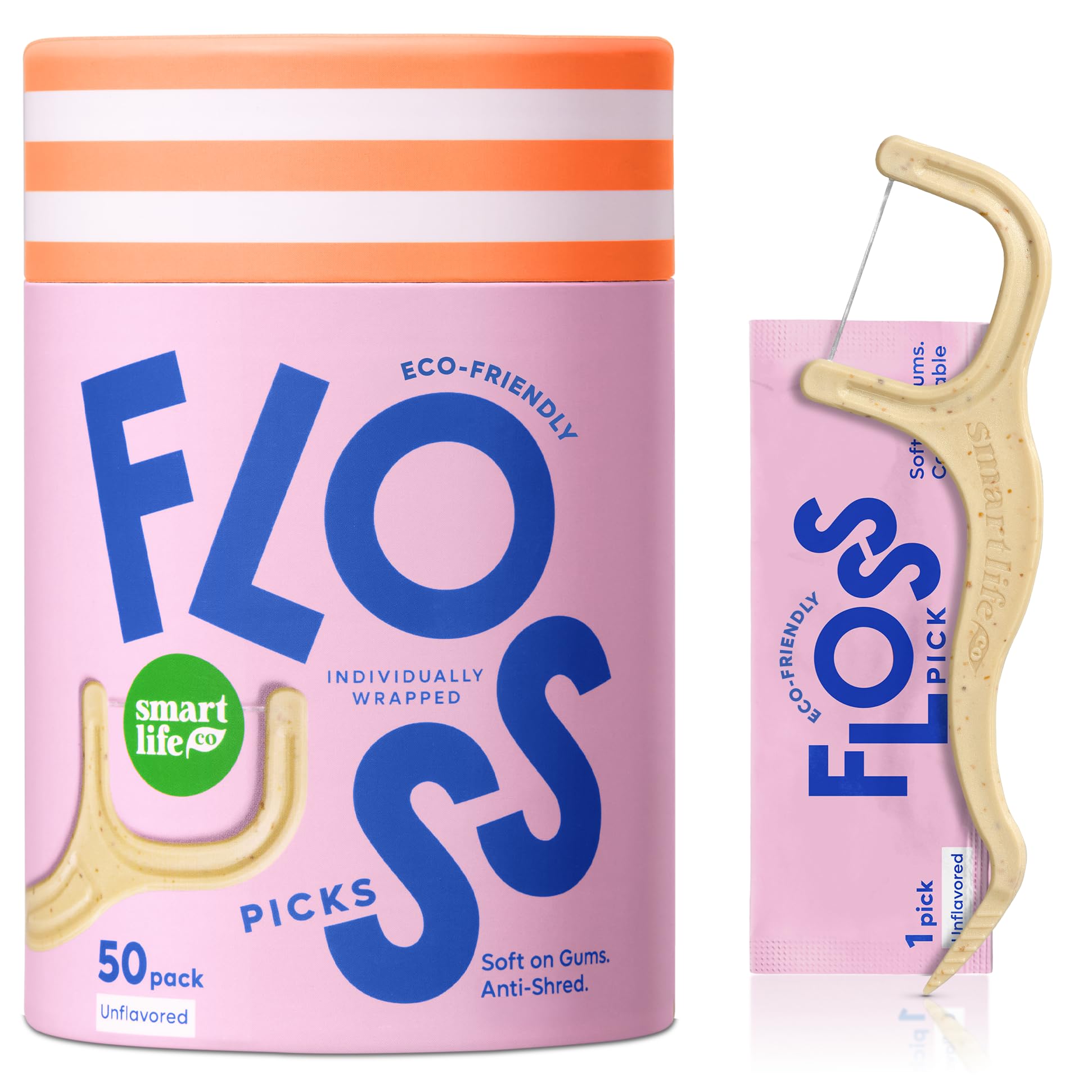Individually Wrapped Dental Floss Picks (50ct) - Eco-Friendly Flosser Handle Made with Straw Wheat Blend | Great for Travel | PFA Free | Toothpick Stick Soft On Gums & Teeth | Vegan | Unflavored