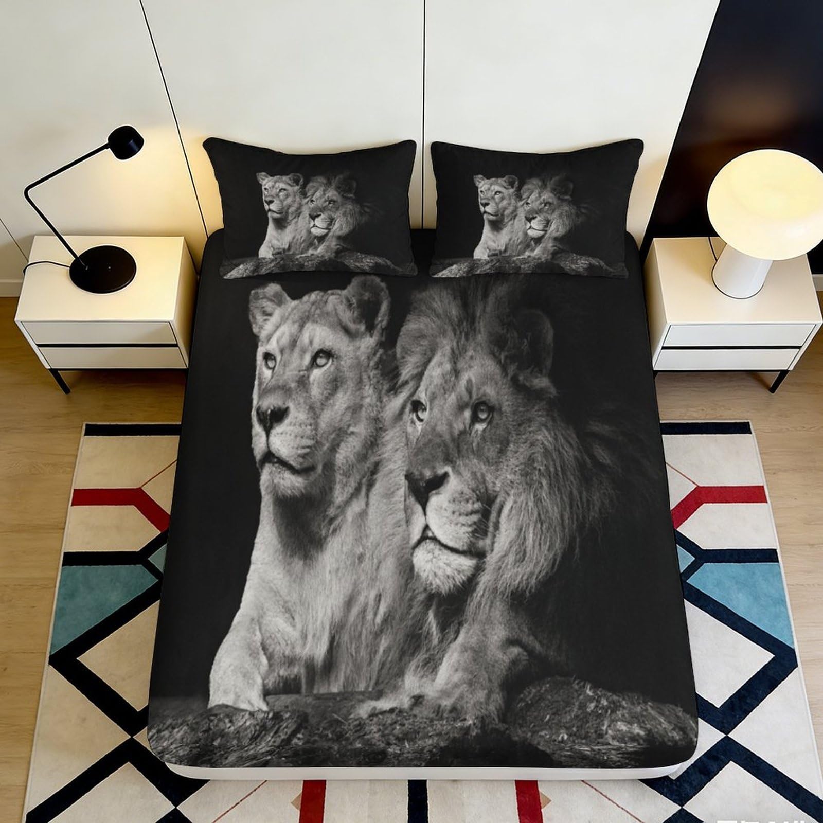 3D Printed Lion Pattern Fitted Sheet Microfiber Deep Pocket Non-Slip Bedroom Bedding Lion Mattress Fitted Cover for Adults Teens 180x200x25cm