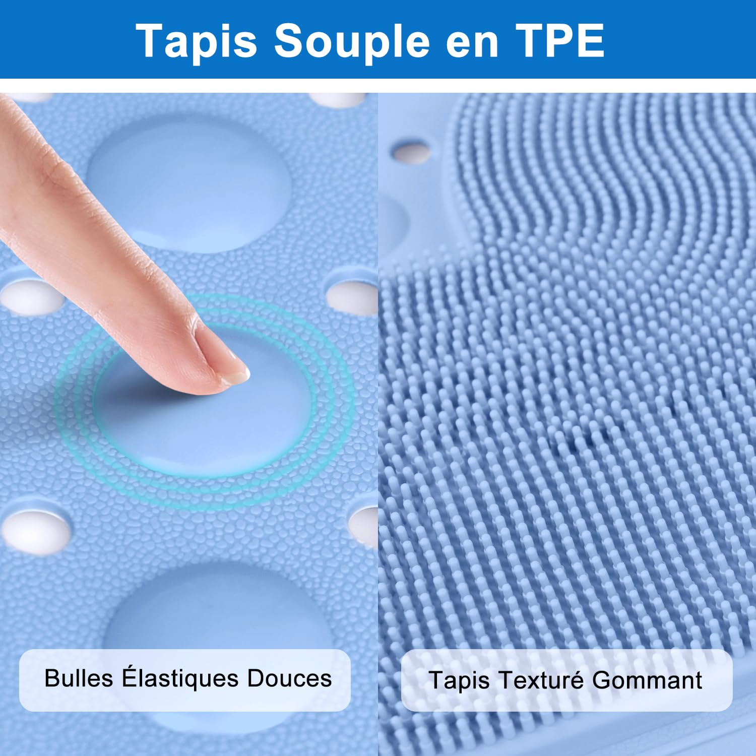 Tappetino da doccia antiscivolo 60 x 90 cm, grande tappetino da doccia in TPE, tappetino da bagno con ventose e fori di drenaggio, tappetino da bagno massaggiante per i piedi, morbido al tatto (blu)