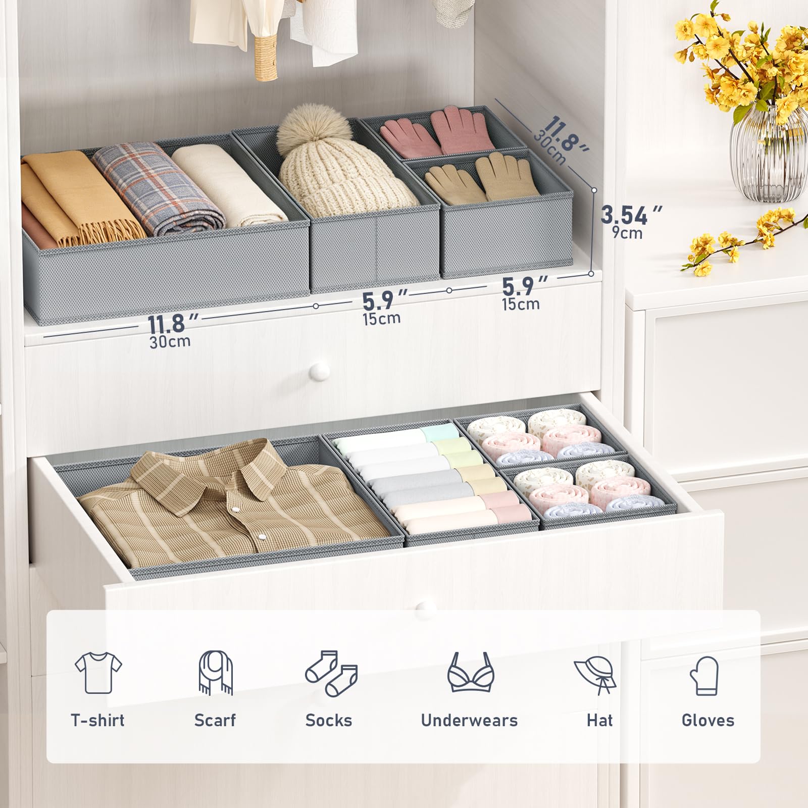 Organizador de Cajones Ropa Interior - Juego de 12 Cajas de Almacenaje Plegables de Tela No Tejida, Gris Claro