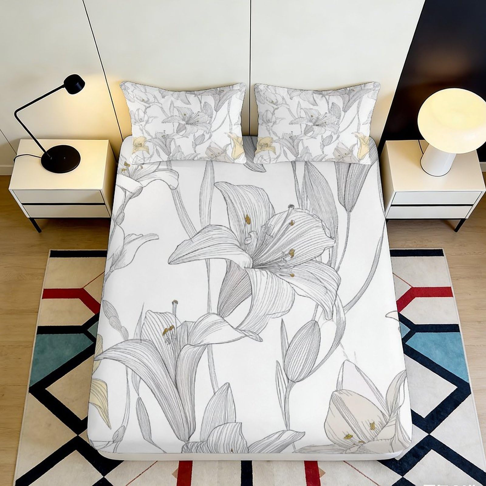 Jqzkxnhpbr Style-6 3D Printed Lily Flower Fitted Sheet Microfiber Soft Grey Botanical Bed Cover For Bedroom Guest Room Mattress Decor 90X200x25cm