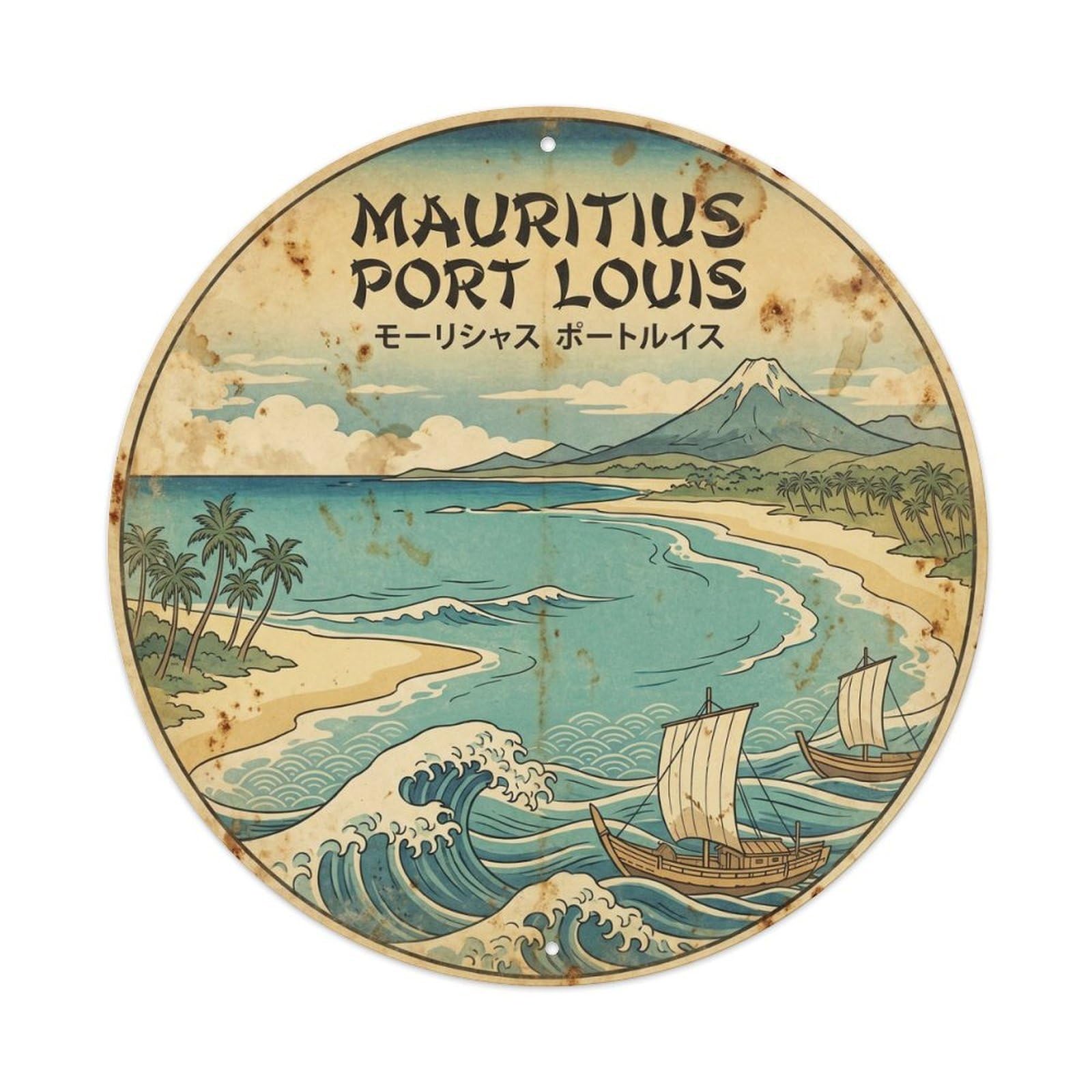 Mauritius Port Louis Tropical Lagoon Woodblock Metal Tin Sign