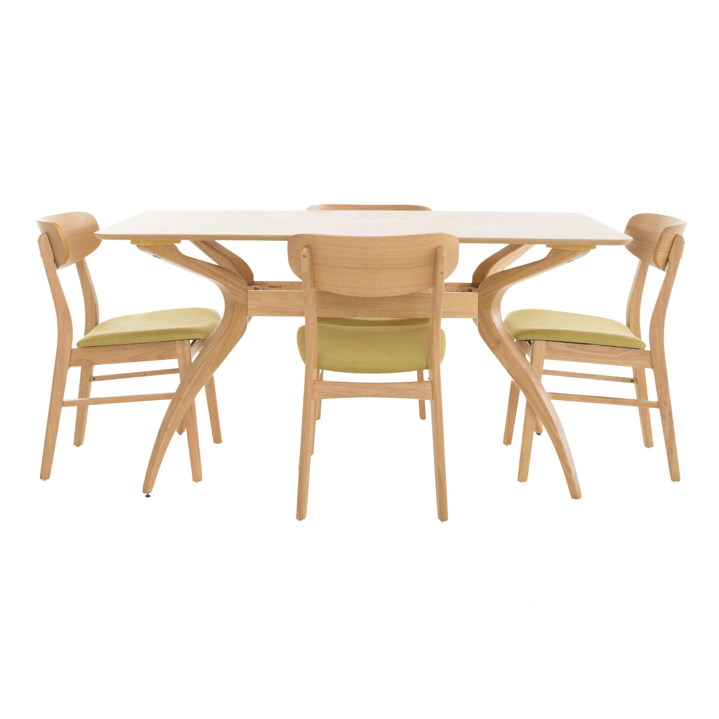 Lucious Curved Leg Rectangular Dining Set, 5-Pcs Set, Natural Oak / Green Tea