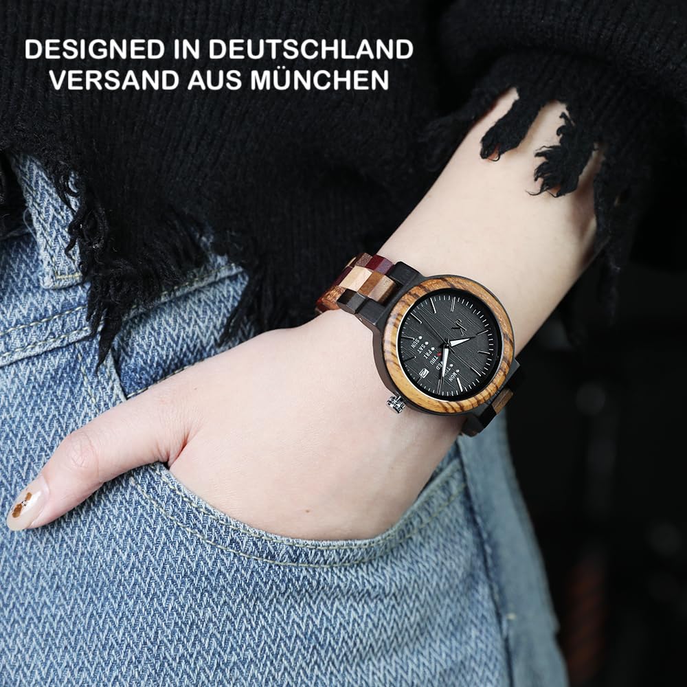 KIM JOHANSON® Holz-Edelstahl Armbanduhr *Week* für Damen und Herren | Mit Datum- & Tagesanzeige | Handgefertigt | Quarz | Analog Uhr | Vegan | Geschenk | Silber | Verstellbares Armband | Inkl Uhrenbox