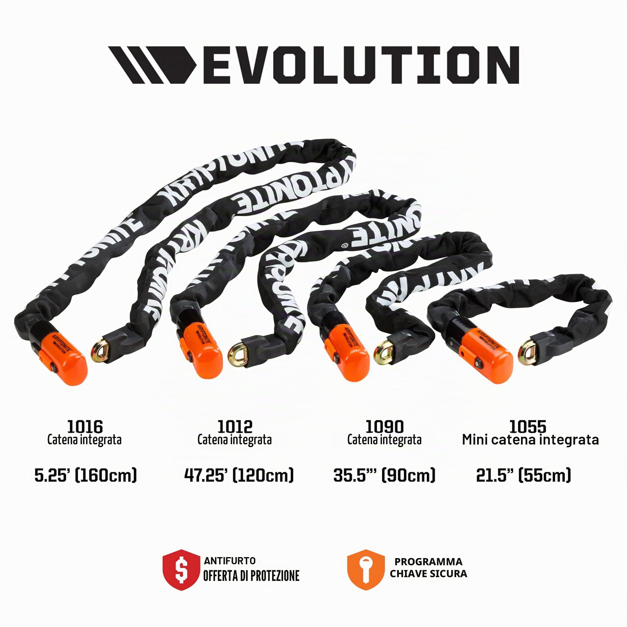 Kryptonite Evolution 1012 Catena Integrata | Antifurto Bici | Livello di Sicurezza 8/10 | Compatta, Solida e Sicuro per Tutte le Biciclette e Cargo| Lunghezza 120 cm