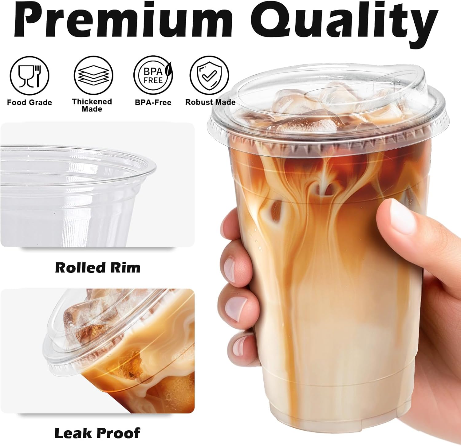 20 oz 100 Pack Clear Plastic Cups with Lids, Sturdy Iced Coffee Cups with Sip Lids, Disposable Food Safe Smoothie Cup for Cold Drinks, Juice, Milkshake - Image 4
