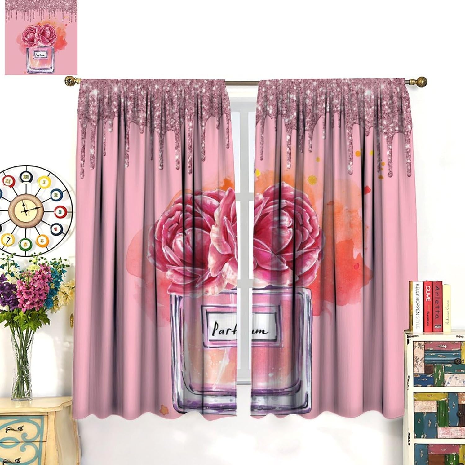 Fashion Pink Perfume Curtains Romantic Valentine's Day Bling Rose Floral Retro Makeup Woman Girls Lady Bedroom Decor Blackout Rod Pockets Window Drapes for Living Room W31.5xL63in 2 Panels