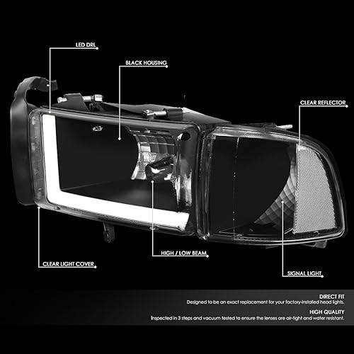 Vista 32 de DNA MOTORING Par de faros delanteros estilo OE + luces de esquina compatibles con 94-02 Ram, blanco, HL-OEM-DR94-4P OE-Blanco Claro