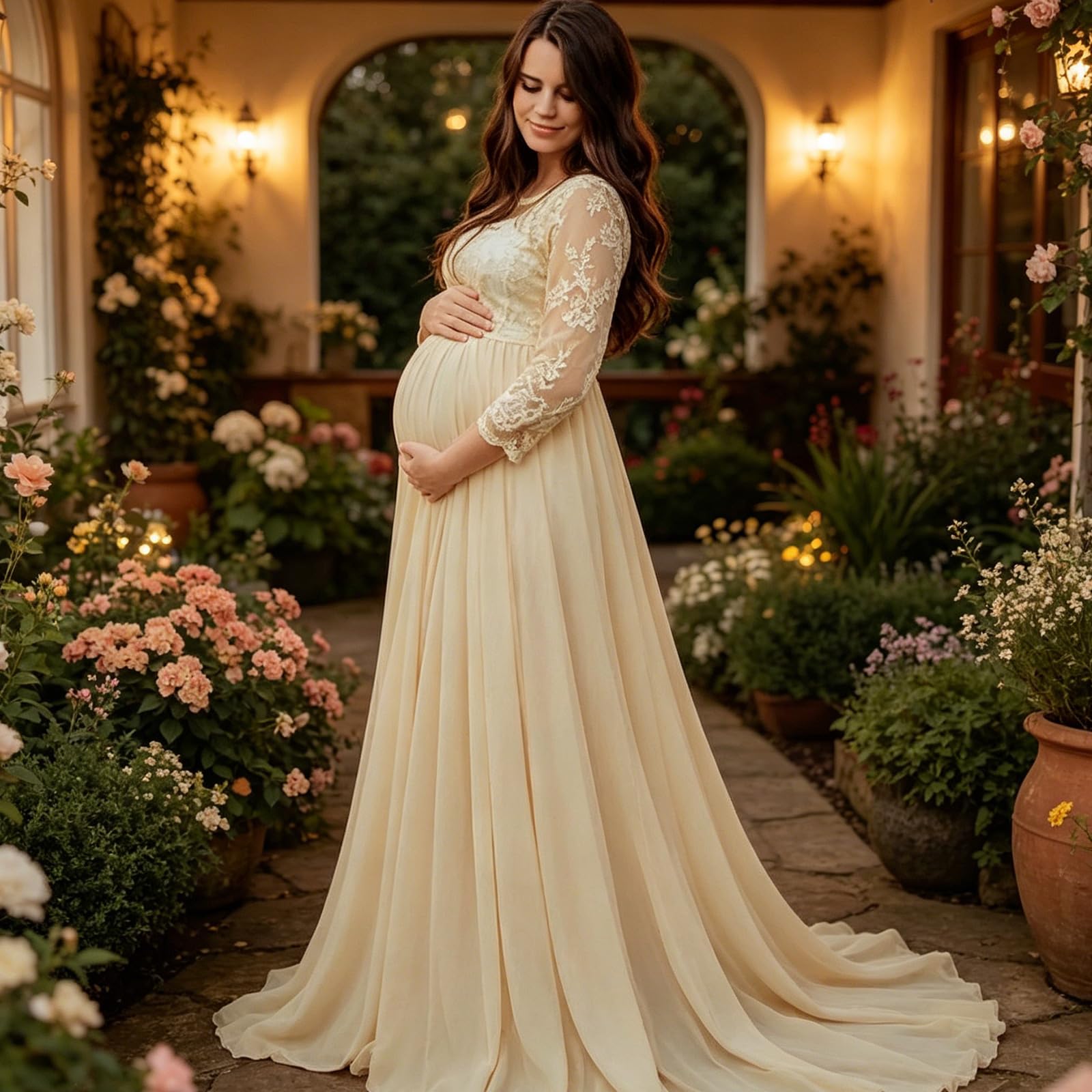 Elegante vestido de maternidad suelto con tren para ocasiones especiales Vestido de noche elástico de mezcla acrílica para mujeres embarazadas Vestido largo de manga media