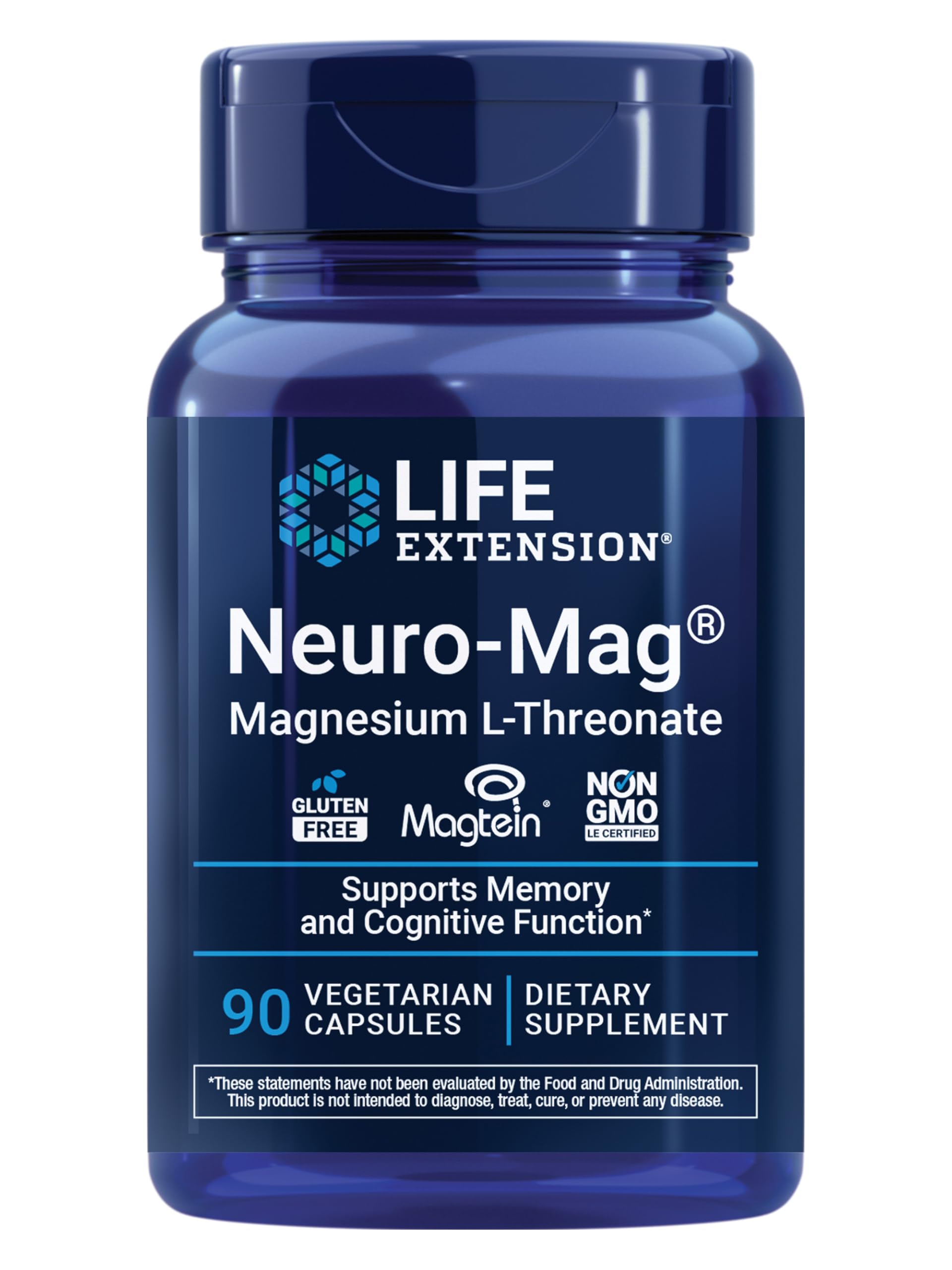 Life Extension Neuro-Mag Magnesium L-Threonate, Memory Health, Quick Thinking, Cognitive Health Support, Vegetarian, Non-GMO, 90 Vegetarian Capsules (144 mg from 2000 mg Magtein magnesium L-threonate
