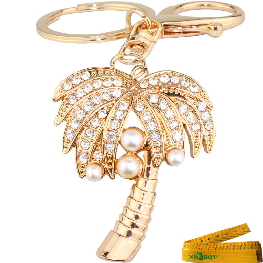 Bling Bling Crystal Rhinestone Artificial Pearls Graven 3D Cubic Coconut Palm Tree Shaped Metal Keychain Car Phone Purse Bag Decoration Holiday Gift