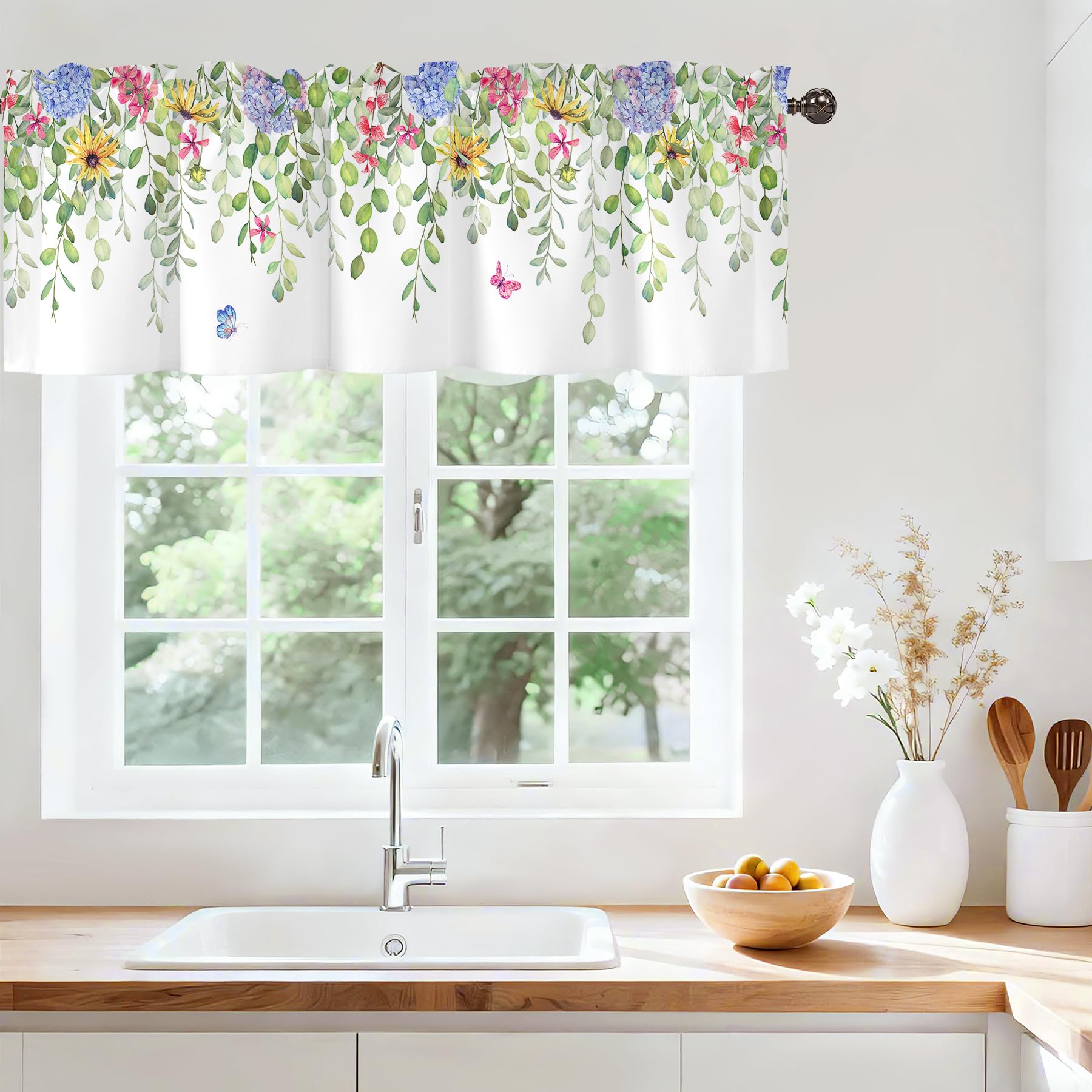 Spring Wildflower Green Leaves Window Valance, Sheer Curtain 42x12 in