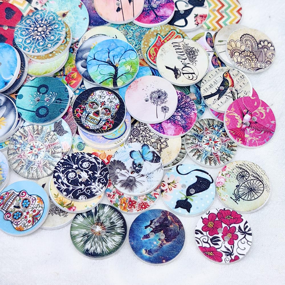 Libiline 100pcs 20mm(3/4") Mix Pattern Wood Buttons 4 Holes Craft Clothes Sewing Button (20mm(3/4"), Multi-Color)