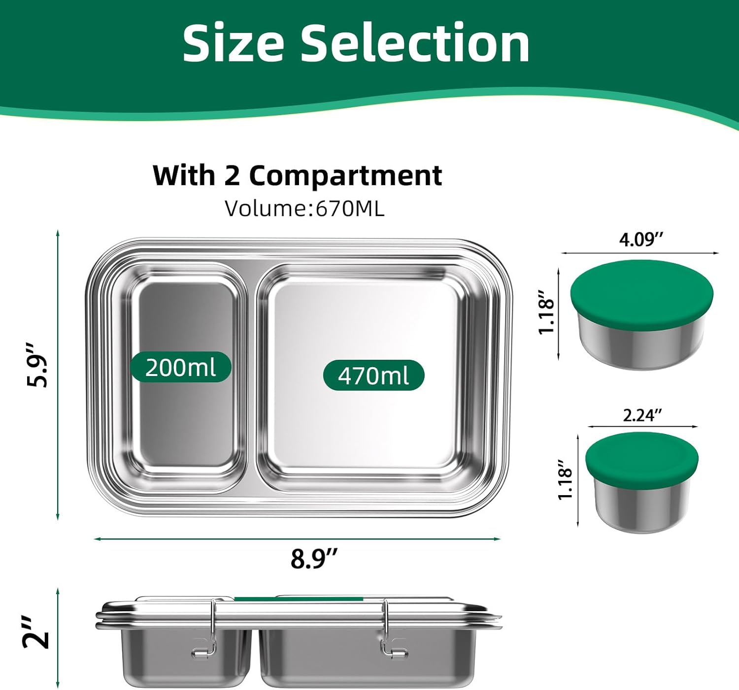 Stainless Steel Lunch Box, 22.6 oz Leakproof 2-Compartments Stainless Steel Bento Box Containers,Metal Lunchbox with 2 Container, Dishwasher Safe for Adults Men Women, Office,Outdoor, BPA-Free Green - Image 2