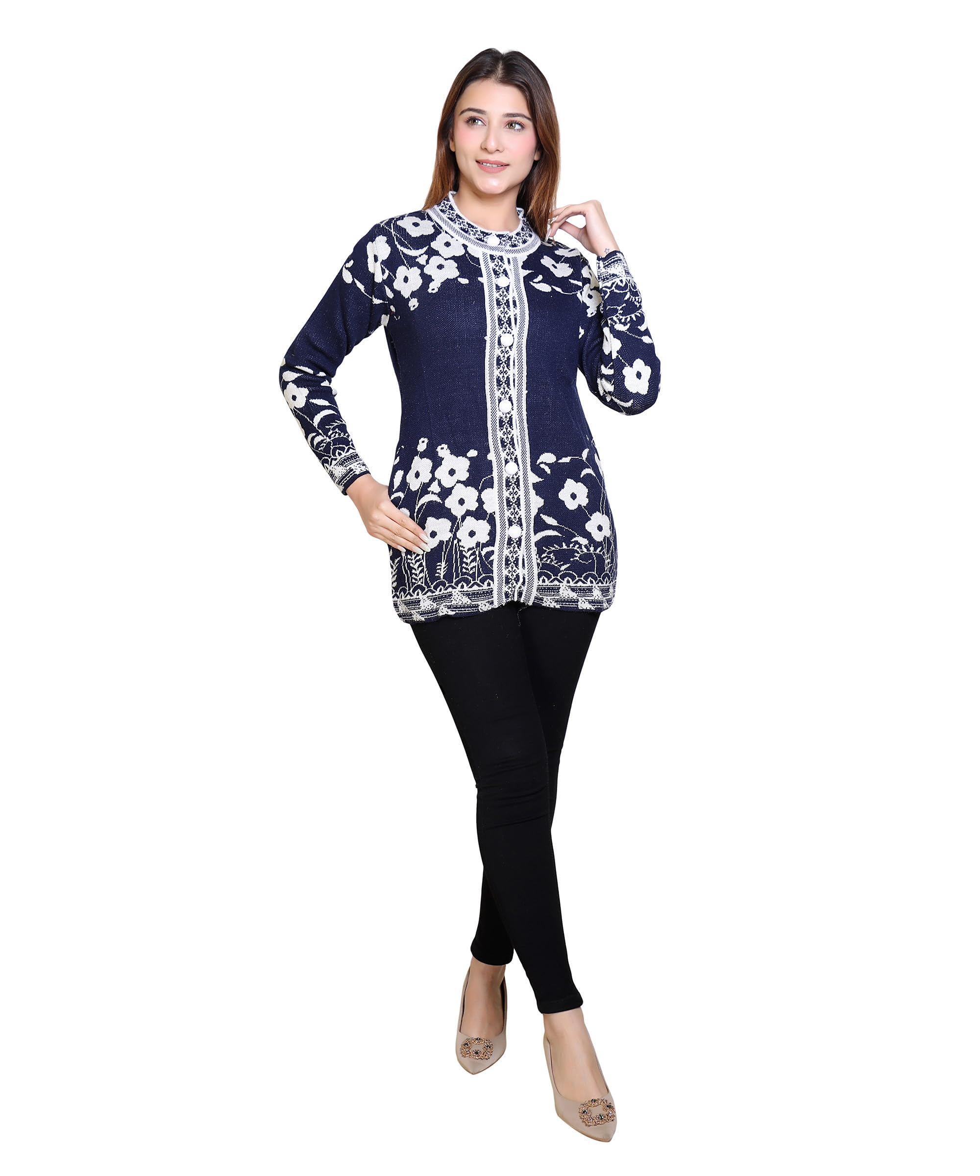 grand line Women Sweater for Winter Woolen Acrylic Full Sleeves Round Neck Floral Design Stylish Cardigan Sweater for Winter Season |Blue-picture-35