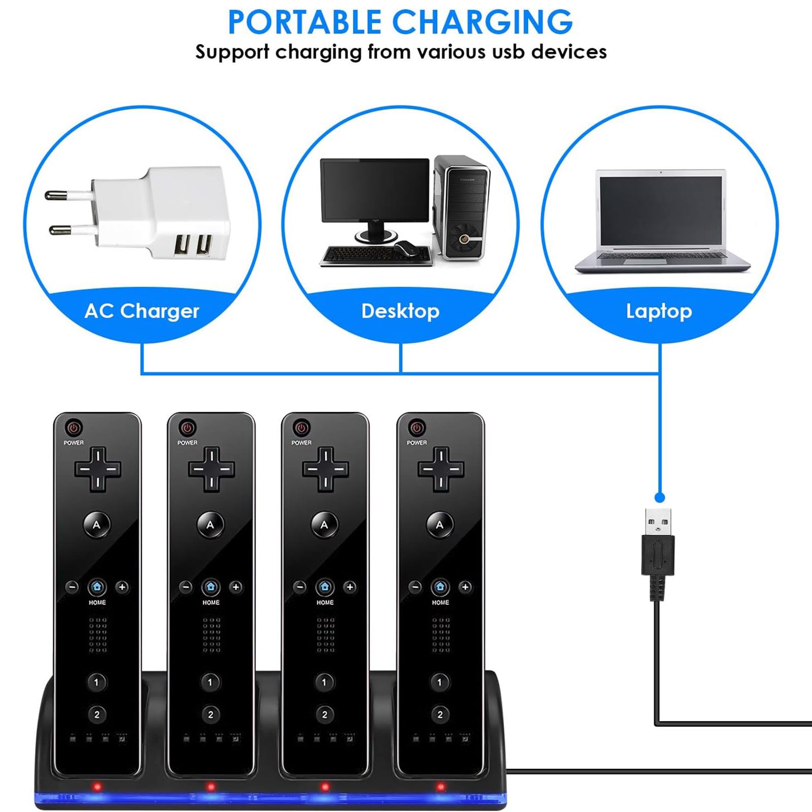Stazione di Ricarica per Controller Wii, con 4 Batterie Ricaricabili da 2800 mAh e Indicatori a LED, Caricatore Wiimote per Wii Supporto di Ricarica per Telecomando Wii, Nero