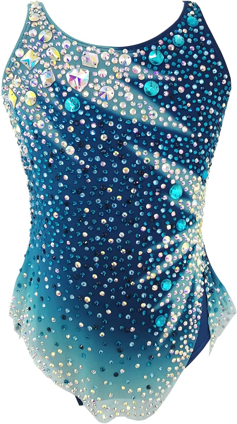 LIUHUO Girls Rhythmic Gymnastics Leotards Blue Sleeveless Dance Leotard for Kids Sparkly Practice and Performance Wear