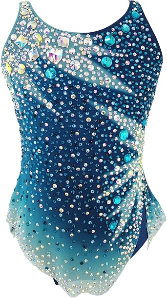 LIUHUO Girls Rhythmic Gymnastics Leotards Blue Sleeveless Dance Leotard for Kids Sparkly Practice and Performance Wear